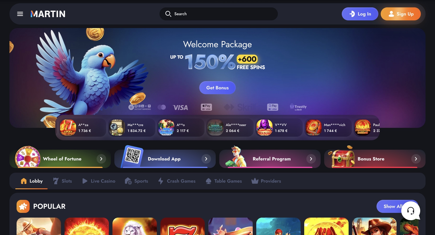 Martin Casino - Sveikinimo bonusas 150% + 600 nemokamų sukimų